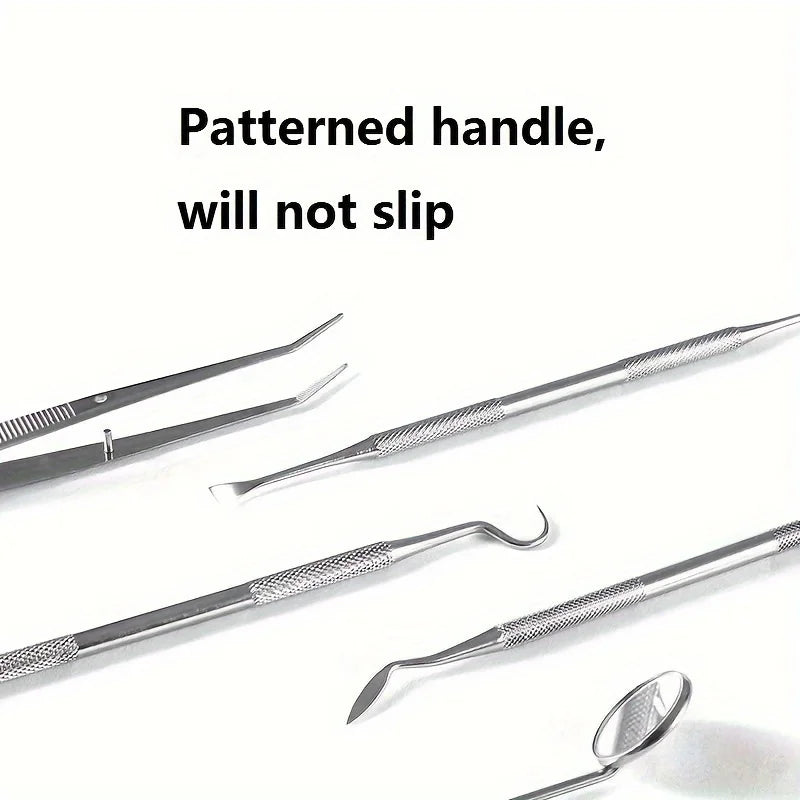 6pcs Tooth Tools Set,Stainless Steel Oral Hygiene Kit With Mouth Mirror,Scaler & Pick Tools, Non-Slip Patterned Handle Teeth Kit