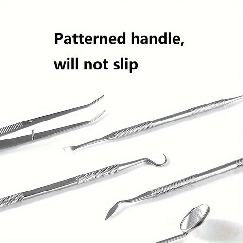 6pcs Tooth Tools Set,Stainless Steel Oral Hygiene Kit With Mouth Mirror,Scaler & Pick Tools, Non-Slip Patterned Handle Teeth Kit