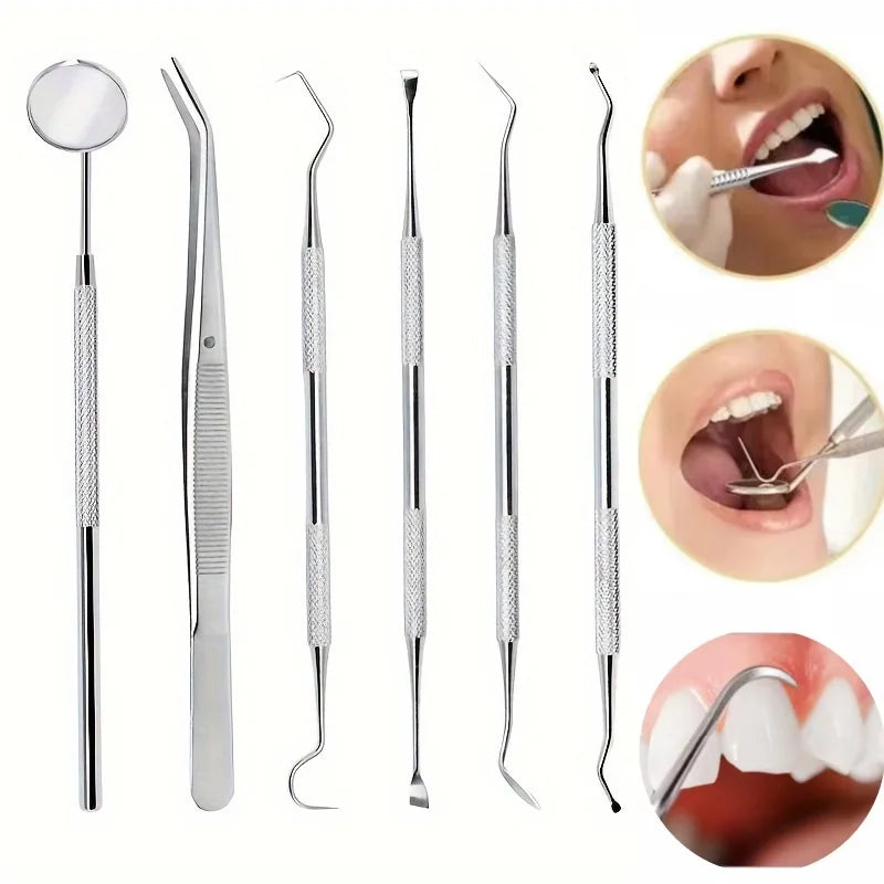 6pcs Tooth Tools Set,Stainless Steel Oral Hygiene Kit With Mouth Mirror,Scaler & Pick Tools, Non-Slip Patterned Handle Teeth Kit