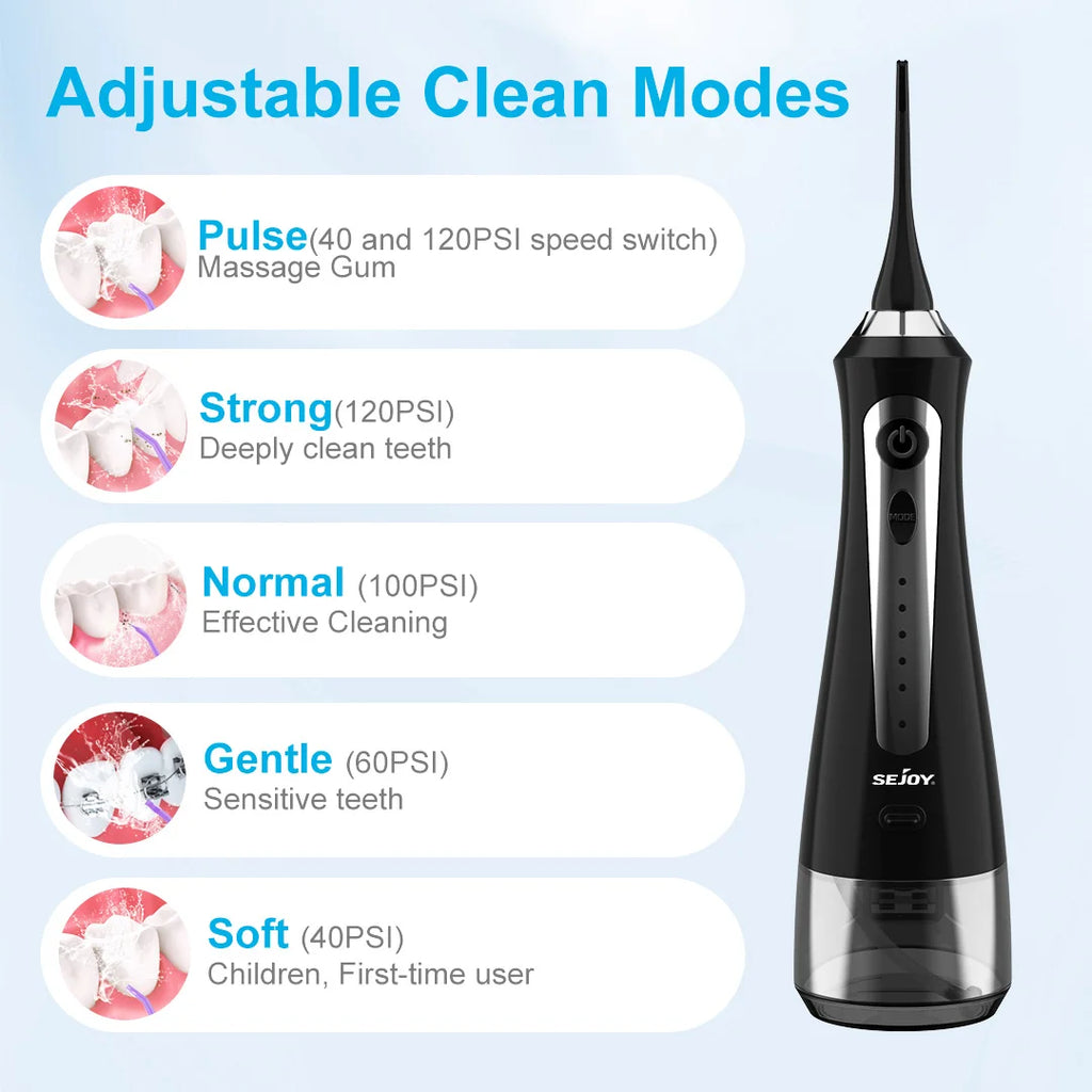SEJOY Water Flosser Irrigator Dental Teeth Whitening strips Portable 230ML Tank 5 Modes 8 Jet Tips Washing Machine for Home