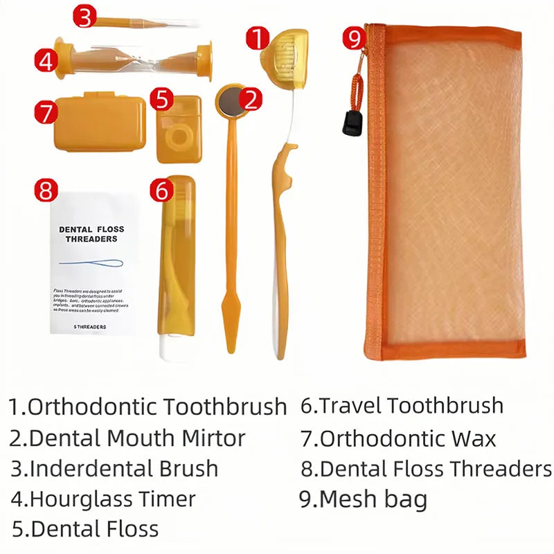 8pcs/set Dental Care Brush Kit Orthodontic Teeth Cleaning Tool Foldable Toothbrush Interdental Brush Floss Thread Wax Travel Kit