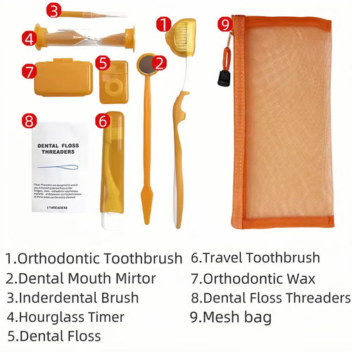 8pcs/set Dental Care Brush Kit Orthodontic Teeth Cleaning Tool Foldable Toothbrush Interdental Brush Floss Thread Wax Travel Kit