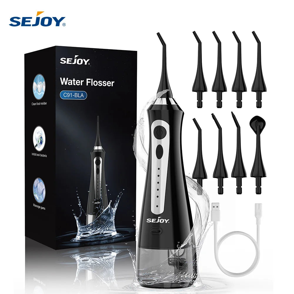 SEJOY Water Flosser Irrigator Dental Teeth Whitening strips Portable 230ML Tank 5 Modes 8 Jet Tips Washing Machine for Home